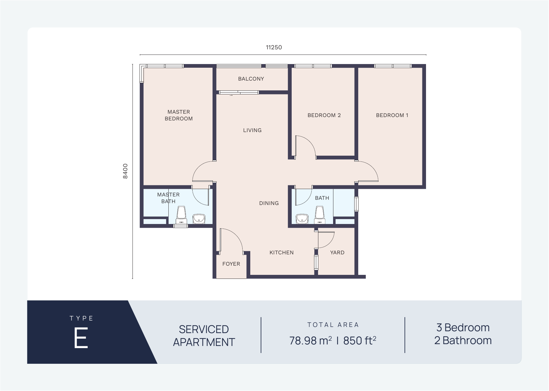 Type E Serviced Apartment Floor Plan — 850 sqft